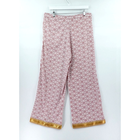 Women Pajama Pants Large Pink Printed Gold Tone Trim Oversized Loungewear Resort - Picture 5 of 16